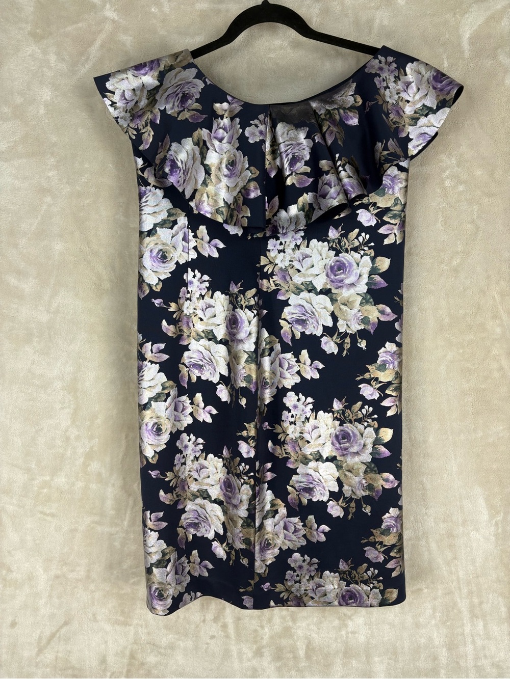 Eliza J Navy Floral Off-Shoulder Midi Dress with Lavender Accents
